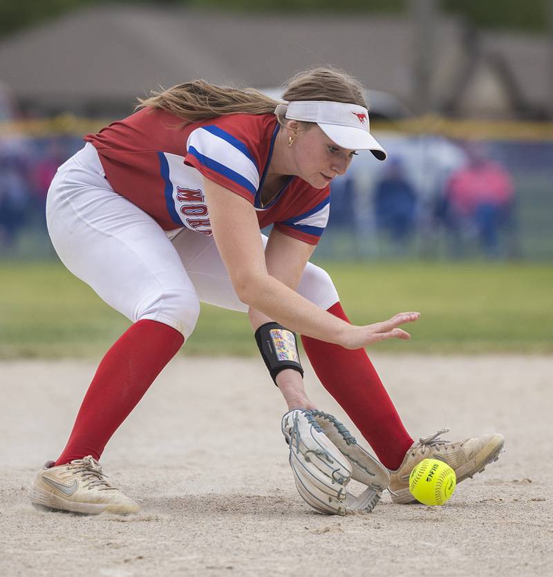 Morrison’s Elle Milnes makes a play against Fulton Friday, May 22, 2026, at the Class 1A softball regional at Newman High School.