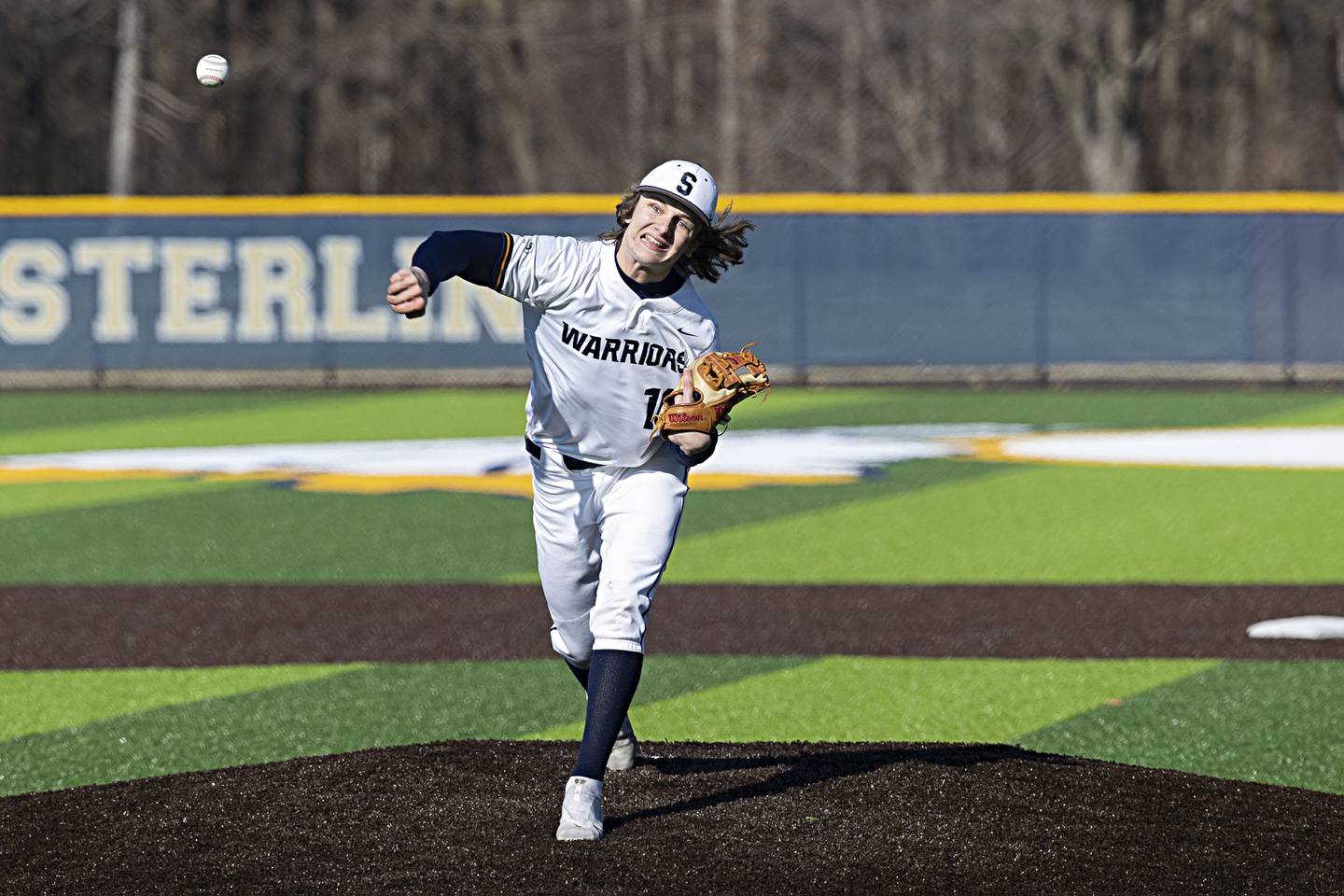 Sterling’s Trevor Dir fires a pitch against Rock Falls Tuesday, March 28, 2023.