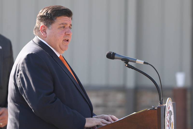 Illinois Governor J.B. Pritzker speaks at a press conference regarding the I-55 interchange and Rt. 59 part of the Rebuild Illinois project. Sept. 9, 2022, in Shorewood.