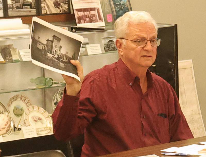 Peru Alderman Mike Sapienza, holds a photo of the historic Bartons Castle during the Peru Historical Society meeting on Tuesday, March 31, 2026 at the Peru City Hall. The Peru Historical Society has collected the memorabilia. They are looking for items to donate to the growing collection. The group meets the last Tuesday of each month inside Peru City Hall at 6:30p.m. Anyone can attend the meetings which revolve around Peru history.