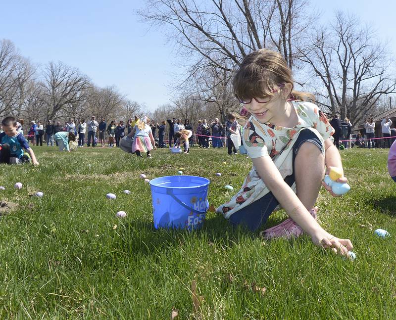 Children work to fill their basket during the annual Easter Egg Hunt Saturday sponsored by Marseilles Recreation at Illini State Park in Marseilles.