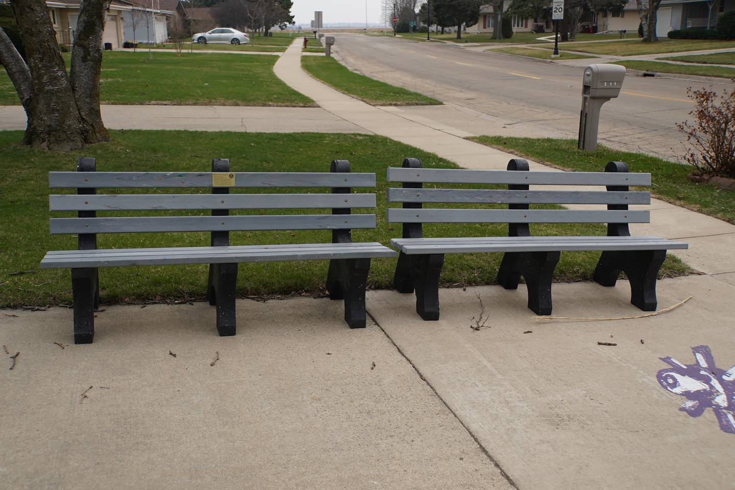 Shown are benches made from recycled plastic bottle caps. The work, led by Kiwanis Golden K Member Dennis Swinton, has yielded 6,584 pounds of bottle cap donations and numerous community installations.
