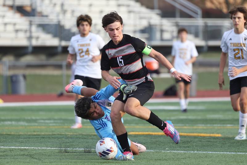 Lincoln-Way Central’s Reilly Follet draws the penalty to set up a penalty kick against Joliet West in the Class 3A Lincoln-Way Central Regional semifinal on Tuesday, Oct. 22, 2024 in New Lenox.