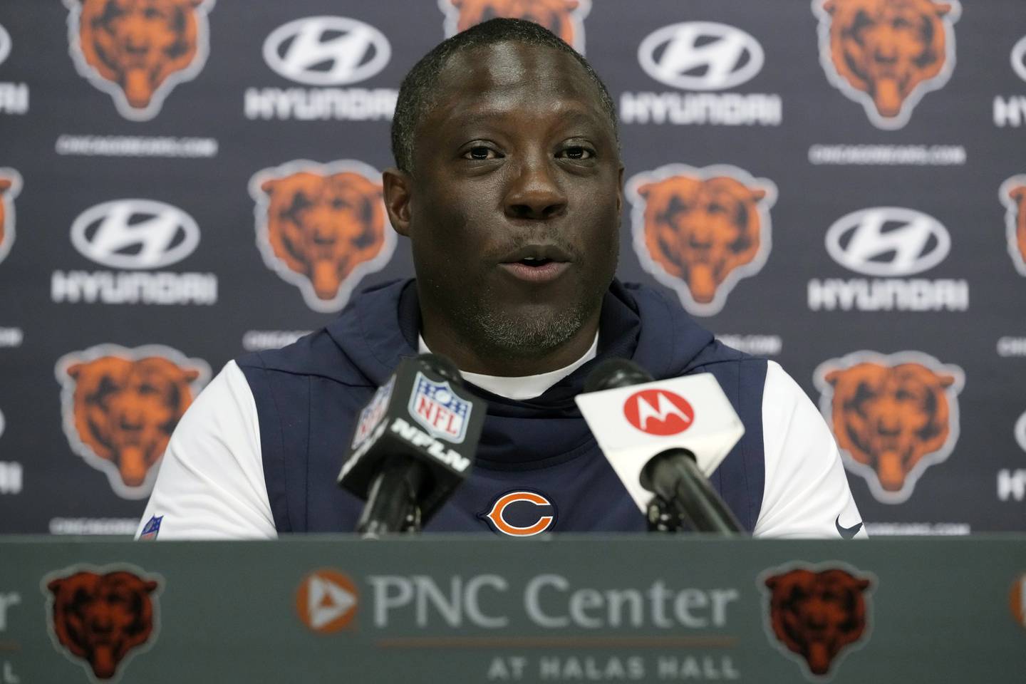 Chicago Bears defensive coordinator Alan Williams speaks at a news conference during the team's rookie minicamp, Friday, May 5, 2023, at Halas Hall in Lake Forest.