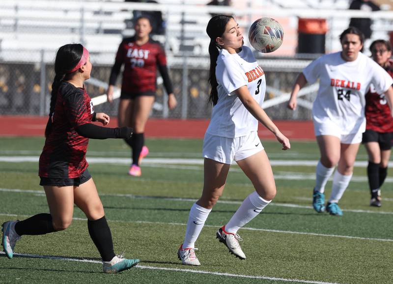 DeKalb's Ailany Padilla controls the ball in front of Rockford East's Ru Tha during their game Tuesday, March 25, 2025, in the Barb Fest tournament at DeKalb High School.