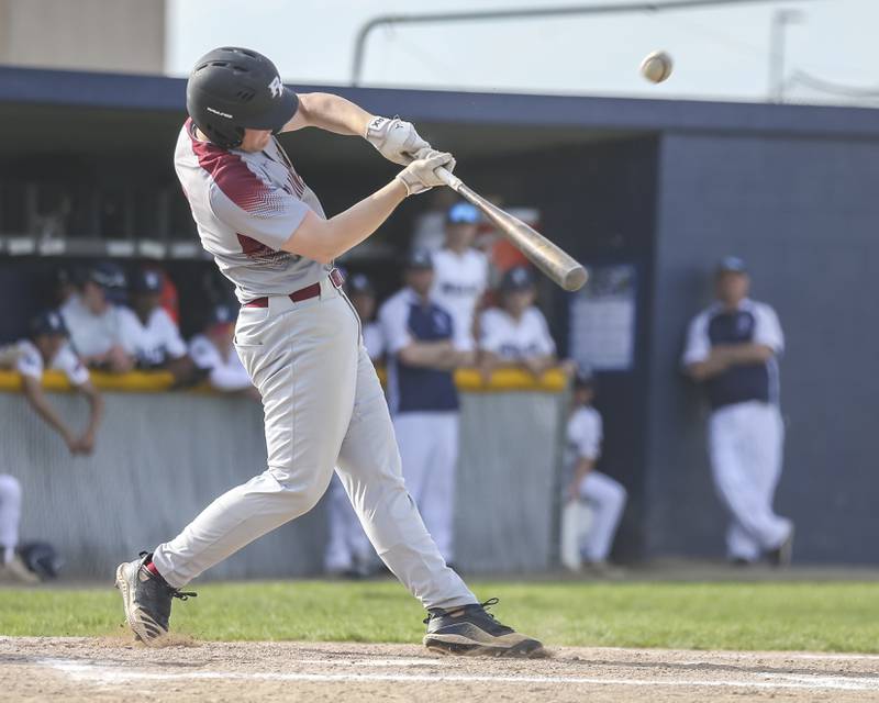 Plainfield North's Gavin Persson (7) swings at a pitch during a baseball game between Plainfield North and Oswego East, Monday, April 28, 2025 in Oswego.