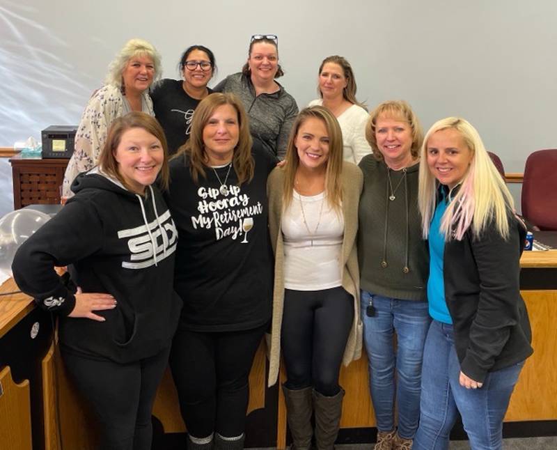Janet Serdar of Crest Hill (in the "my retirement day" shirt) gathered with her co-workers at the city of Crest Hill on Friday, January 7, 2022 to celebrate Serdar's retirement. Serdar had worked for the city of Crest Hill for 35 years.