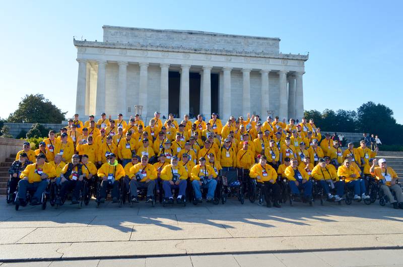 A group photo of all the Whiteside County Honor Flight veterans taken in front of the Arlington Amphitheater on Tuesday, Nov. 8, 2022.