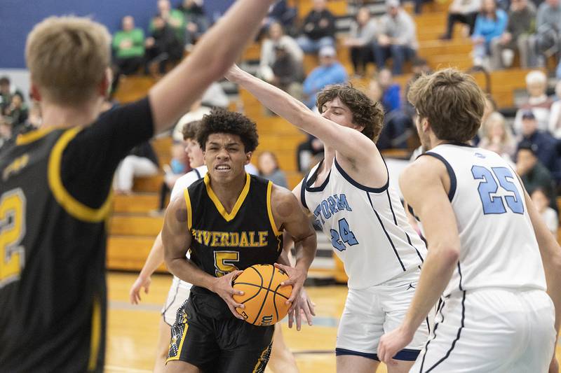 Riverdale’s Aris Morgan works in the lane against Bureau Valley Wednesday, Feb. 26, 2025, at the Class 2A Regional semifinal at Bureau Valley High School.