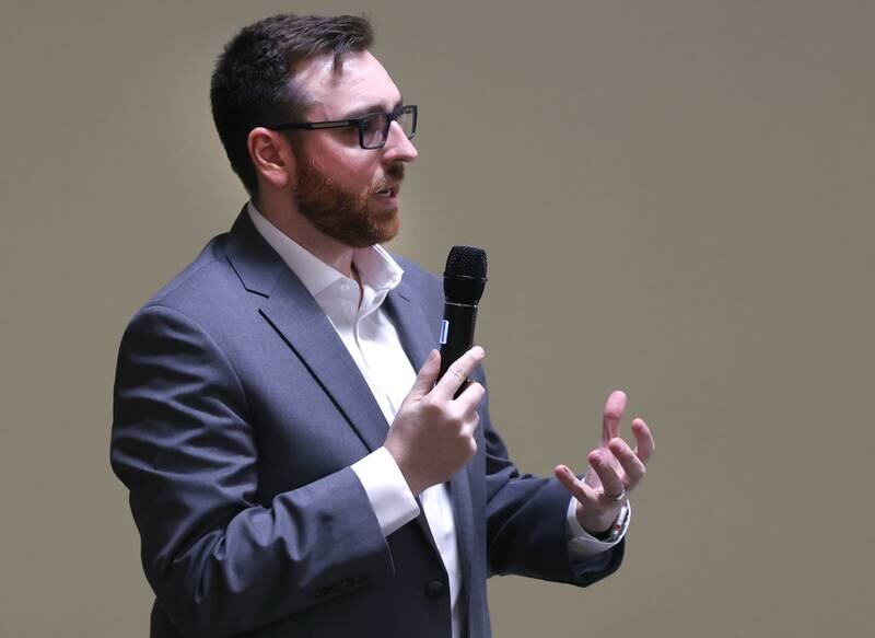 District 428 School Board candidate Nick Atwood speaks Thursday, March 20, 2025, during the DeKalb Area Rental Association and DeKalb Area Builders Association School Board Candidates Forum at Faranda's Banquets in DeKalb.