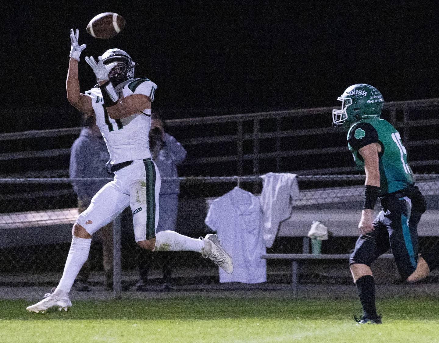Dwight/Gardner-South Wilmington's Joey Starks hauls in a pass against Seneca on Friday, Oct. 4, 2024, at Seneca High School.