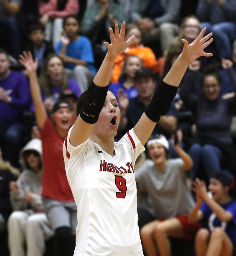 Huntley's Mari Rodriguez celebrates a point during an IHSA Class 4A McHenry Sectional volleyball match against Mundelein on Tuesday, Nov. 5, 2024, at McHenry High School Freshman Campus.