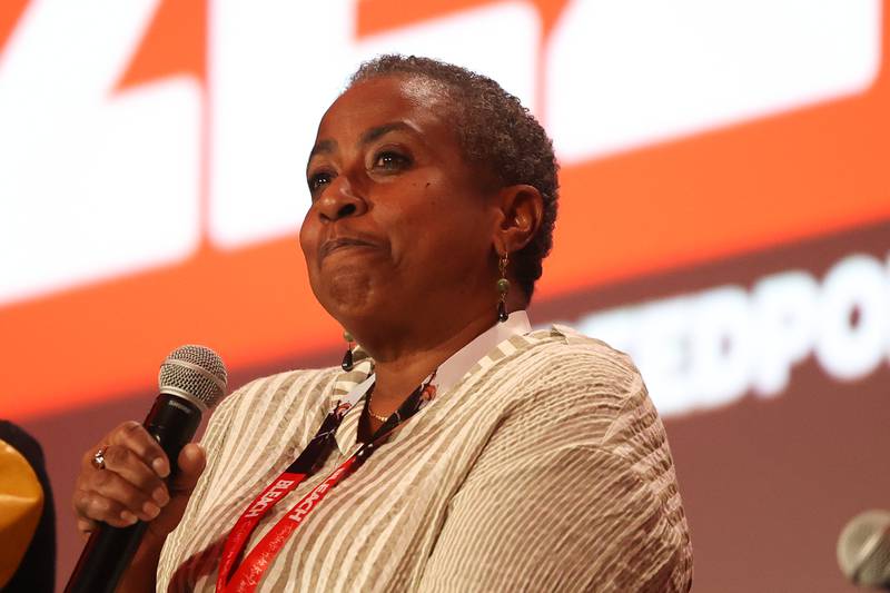 Actor Alison Sealy-Smith, who did the voice of Storm, speaks at the X-Men: The Animated Series cast reunion panel at C2E2 Chicago Comic & Entertainment Expo on Friday, March 31, 2023 at McCormick Place in Chicago.