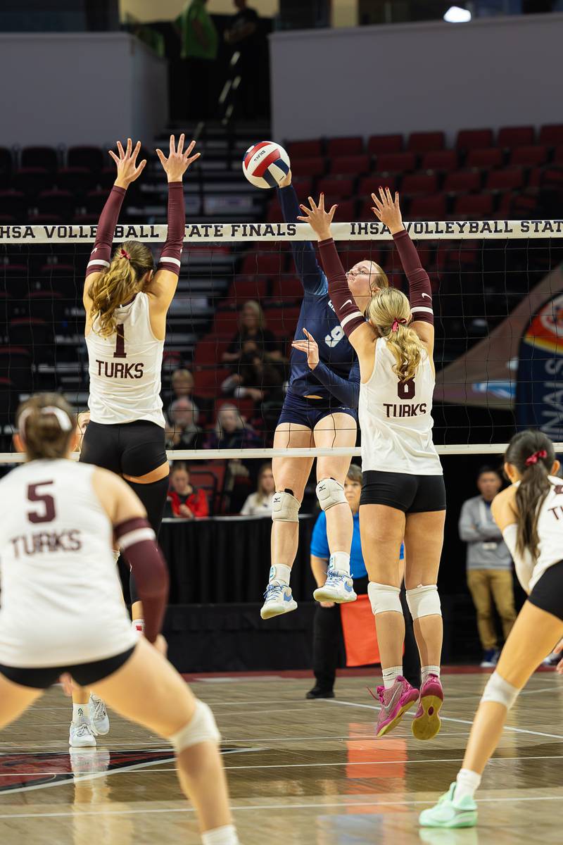 Cissna Park's Addison Lucht spikes the ball during the Timberwolves' victory in two sets, 25-19, 25-20, over Tremont in the IHSA Class 1A State semifinals on Friday, Nov. 14, 2025.