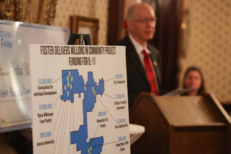 A sign listing all of Congressman Bill Foster (D-Ill) project fundings, including $884k for United Way of Will County, sits on display as Foster speaks at a United Way private event at the Jacob Henry Mansion on Thursday, February 23rd, 2023 in Joliet.