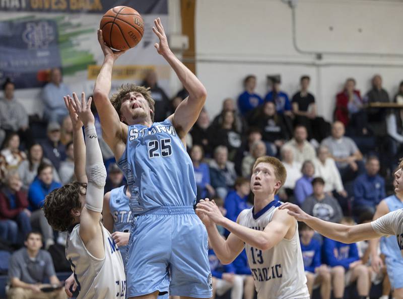 Bureau Valley’s Landon Hulsing works below the basket against Newman Friday, Jan. 26, 2024 at Newman High School.