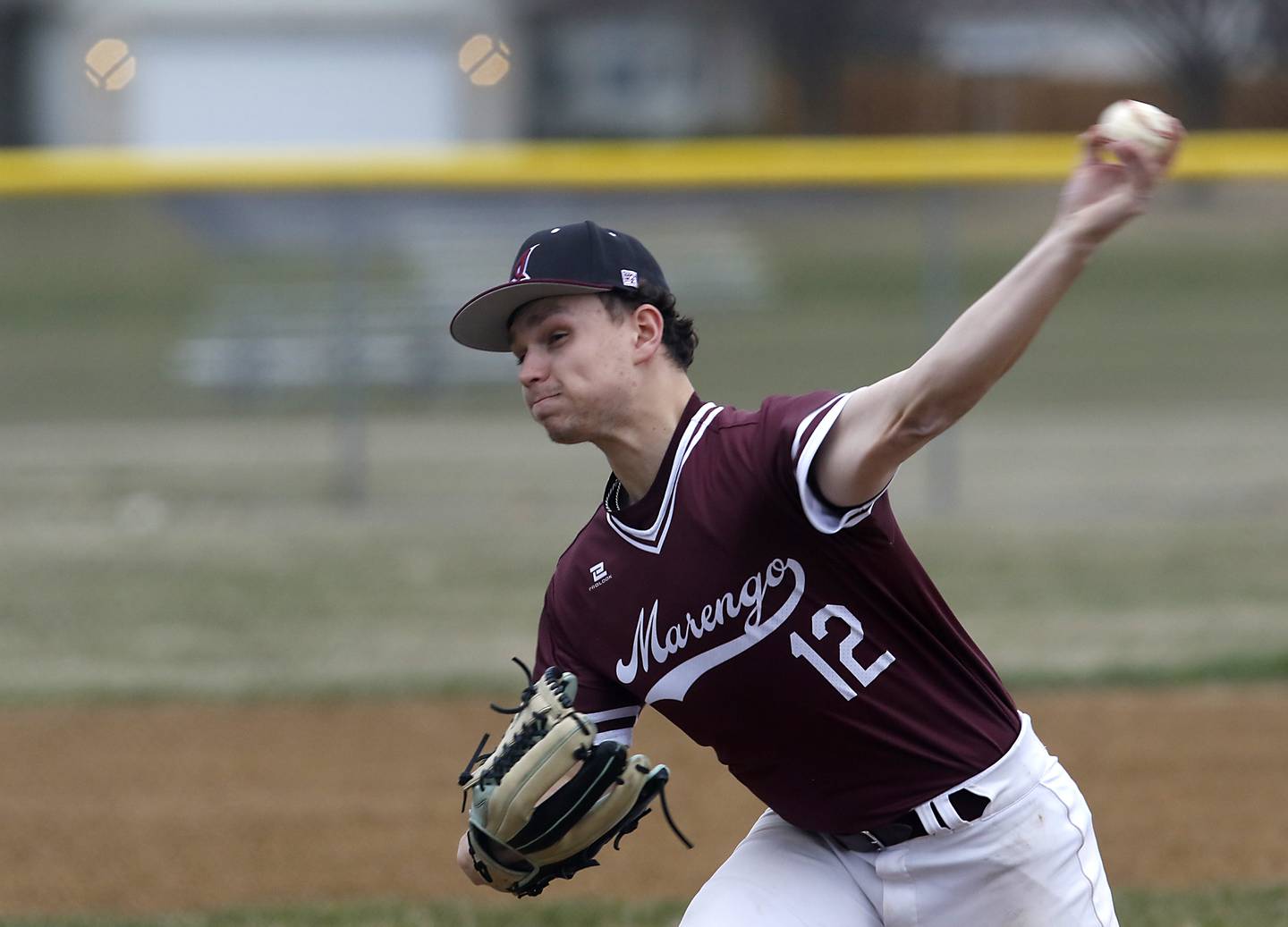 Marengo’s Caden Vogt throws a pitch during a Kishwaukee River Conference baseball game against Johnsburg Monday, April 3, 2023, at Hiller Park in Johnsburg. Marengo defeated Johnsburg 5-0.