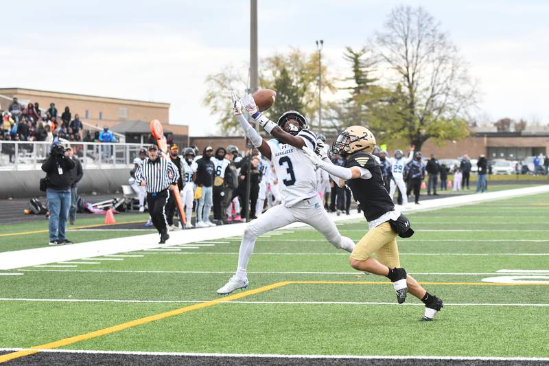 Kankakee's Cedric Terrell III nearly catches a pass near the end zone Saturday, Nov. 16, 2024, during the Kays' 21-20 loss to Richards in the IHSA Class 6A Playoffs quarterfinal.