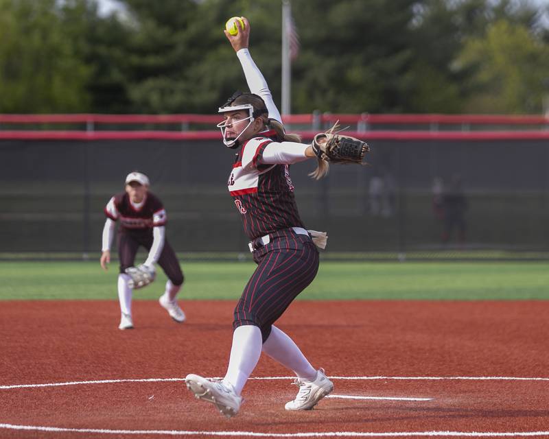 Yorkville's Elie Fox (13) delivers a pitch during softball game between Oswego at Yorkville. May 5, 2026 in Yorkville.
