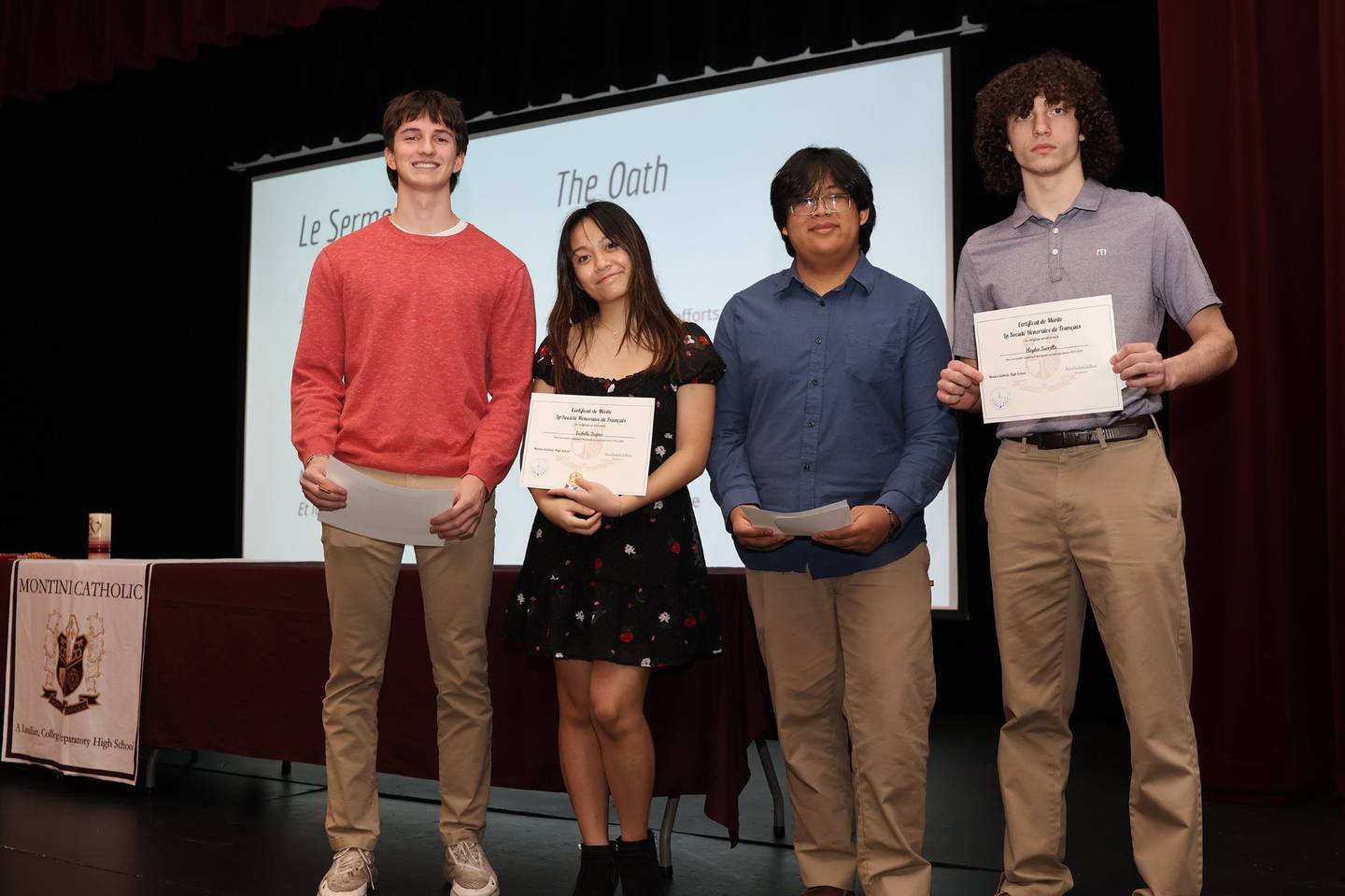 The 2024 Inductees into Montini's French Honor Society are Julian D’Anca of Wheaton, James Fitzpatrick of Lombard, Naomy Gonzalez of Wayne, Isabella Jaojoco of Bolingbrook, Chris Reyes of Bolingbrook and Hayden Surrette of Downers Grove