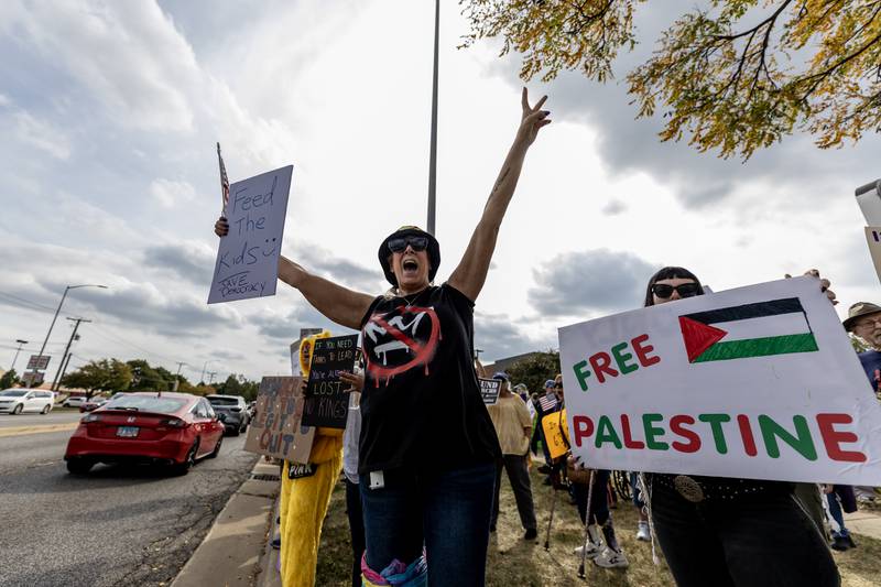 Kathy Witt cheers as cars pass by on Plainfield Rd. during the No Kings Protest in Joliet on Oct. 18, 2025.