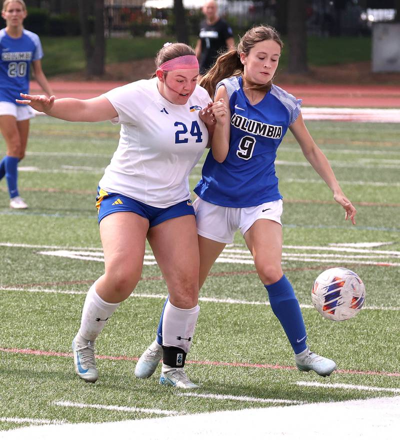 Johnsburg's Natalie Oeffling and Columbia's Kendra Galle go after the ball Saturday, June 7, 2025, during the IHSA Class 1A state championship game at North Central College in Naperville.