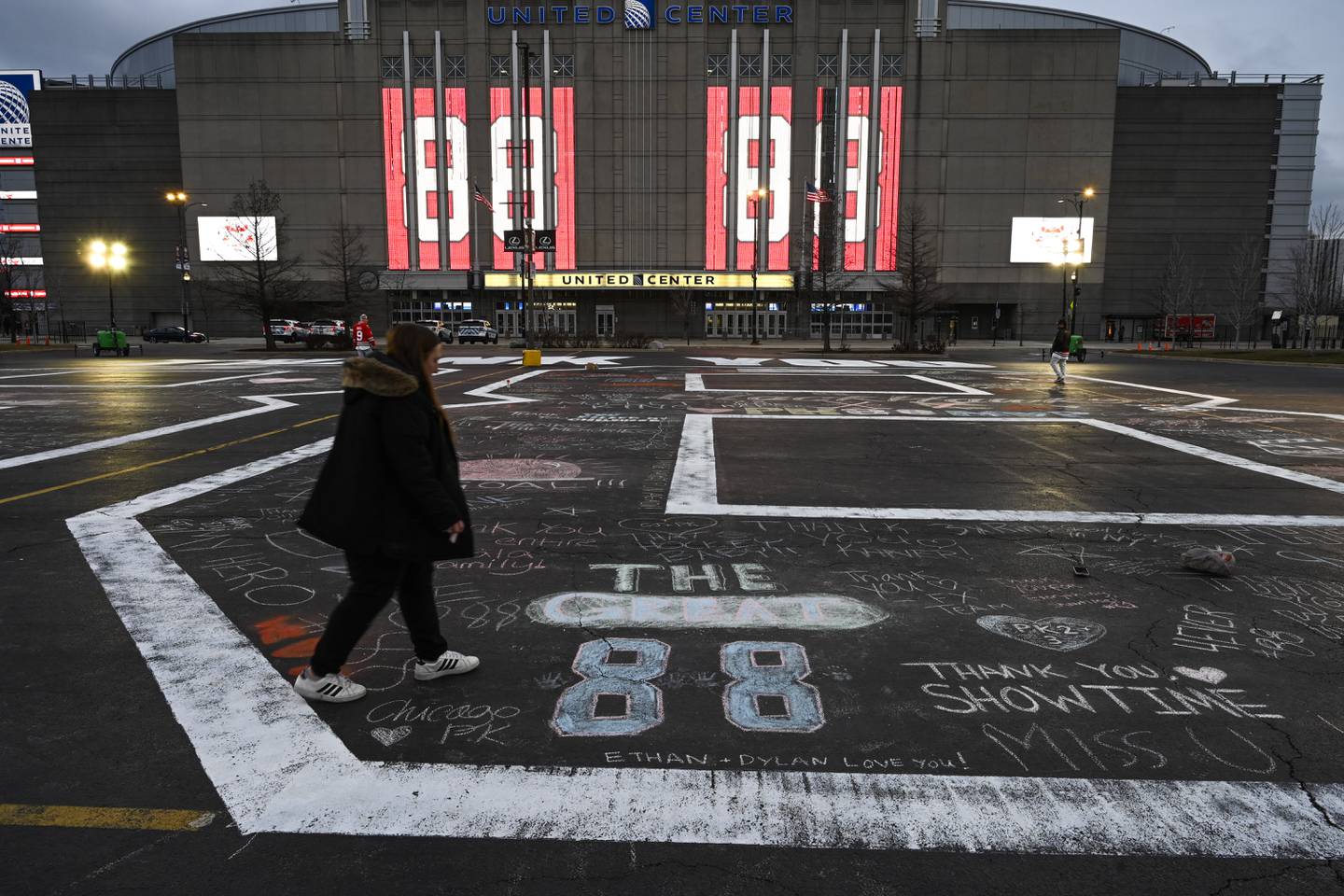 "Thank You 88" messages for former Chicago Blackhawks player Patrick Kane are written in United Center's parking lot before a game against the Dallas Stars, Thursday, March 2, 2023, in Chicago.