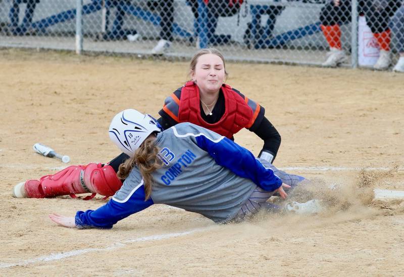 Kewanee catcher Kieryn Abernathy puts the tag on Princeton's Taylor Compton Thursday at Little Siberia.