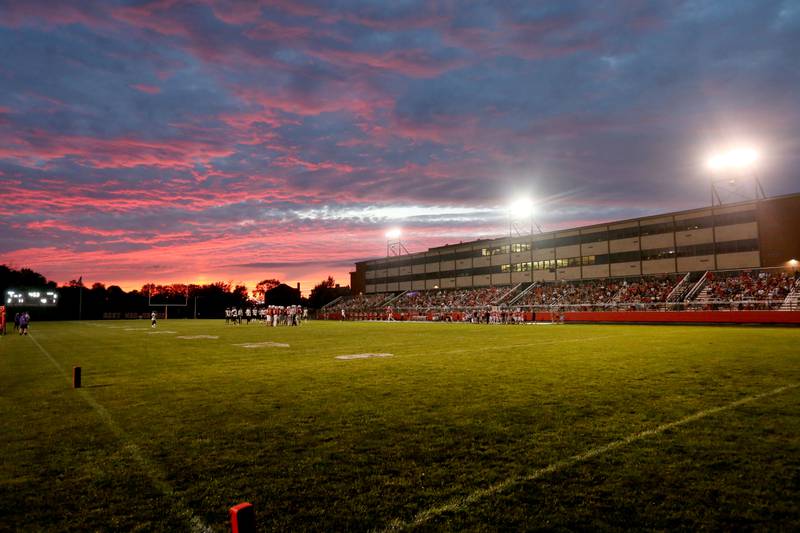 The sun sets over King Field during the game between the Ottawa Pirates and the Plano Reapers on Friday, Aug. 30, 2024 at King Field.