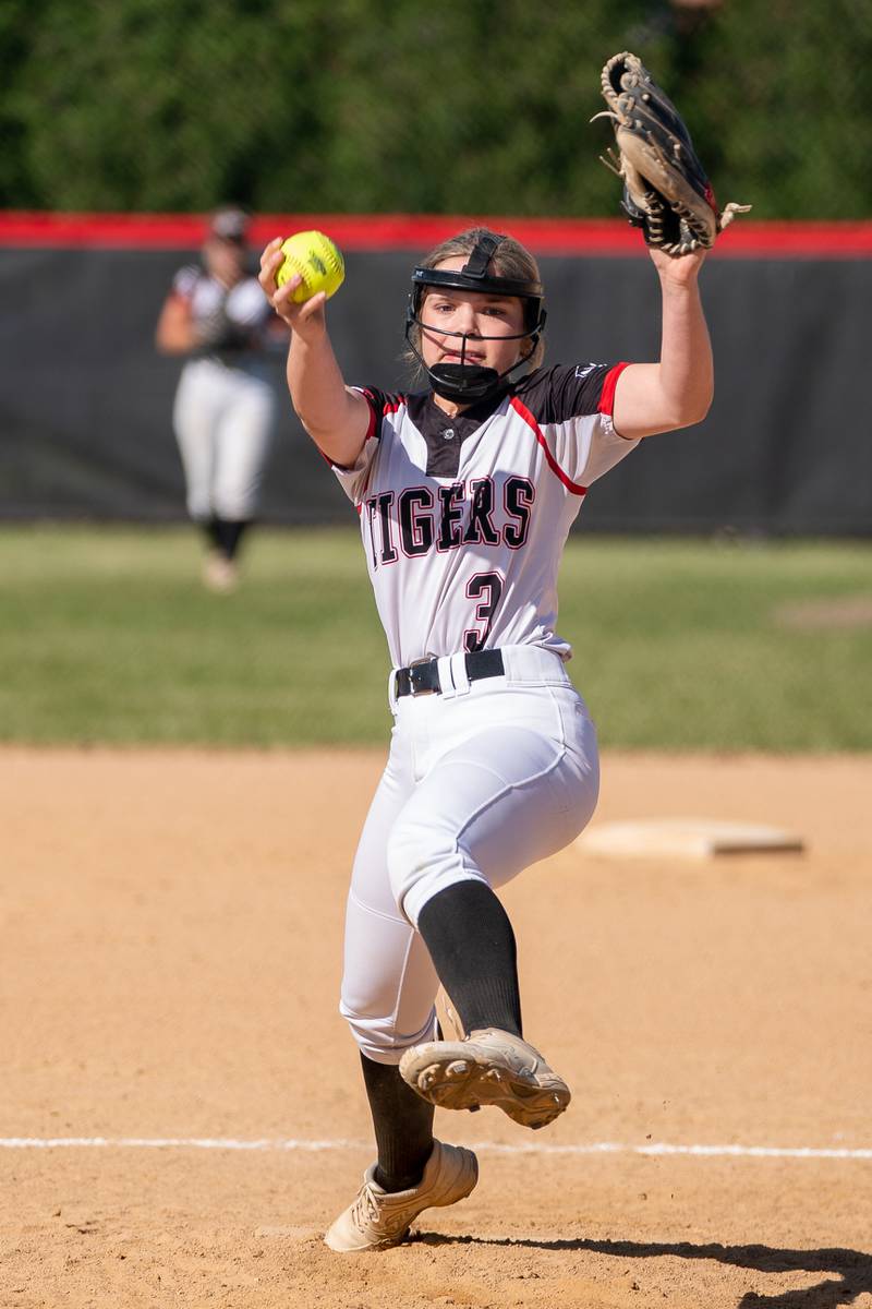 Plainfield North's Jessica Knight (3) delivers a pitch against Yorkville during the Class 4A Yorkville Regional softball final at Yorkville High School on Friday, May 26, 2023.