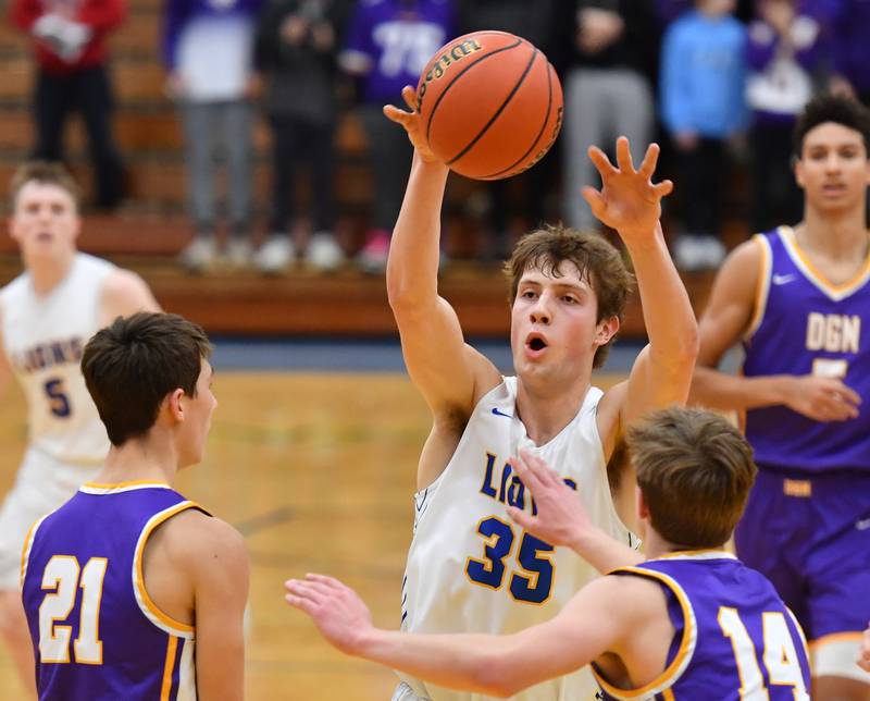 Lyons Township's Niklas Polonowski (35) fires a pass during a game against Downers Grove North on Jan. 6, 2023 at Lyons Township High School in LaGrange.