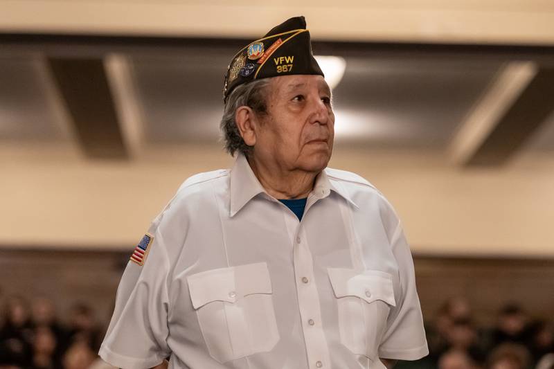 Veteran Tony Arellano is recognized during the Veterans Day Assembly at Joliet Central High School on Nov. 7, 2025.