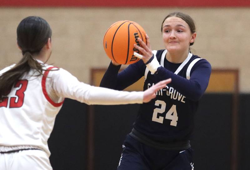 Cary-Grove’s Aria Stanton looks for an option in varsity girls basketball on Monday, Feb. 2, 2026, at Huntley High School in Huntley.