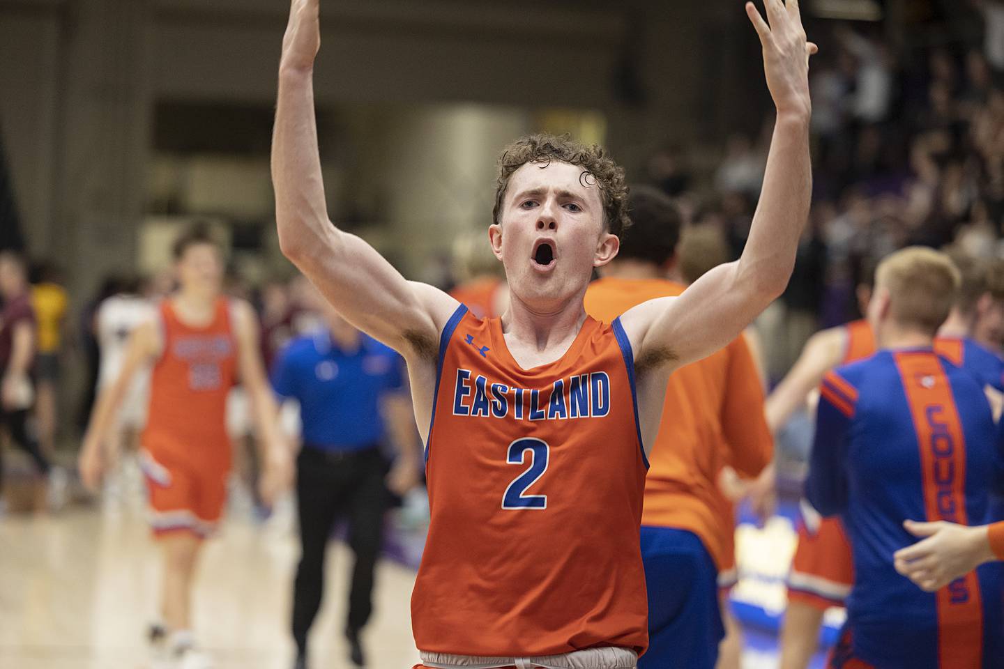 Eastland’s Wyatt Carroll celebrates the win over Tremont Monday, March 9, 2026, in the Class 1A Macomb Supersectional.