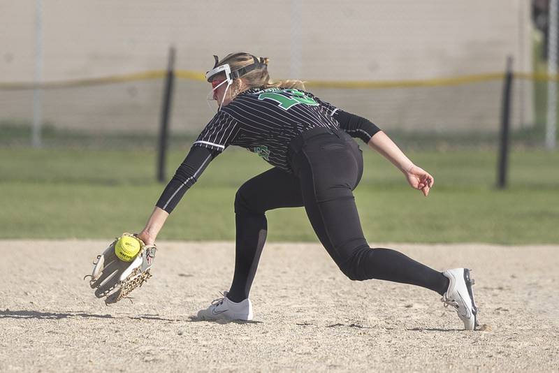 Rock Falls’ Zoey Silva makes a play at shortstop against Dixon Thursday, May 7, 2026.