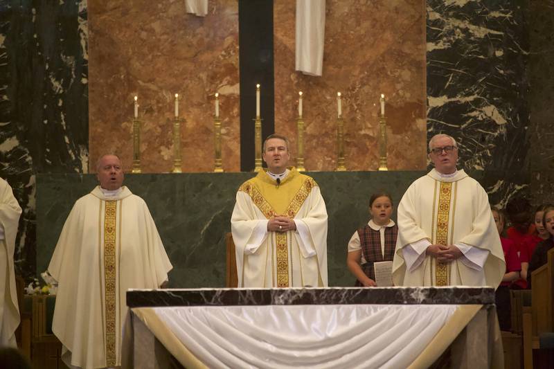 Bishop Ronald Hicks (center), of the Diocese of Joliet, leads a Mass celebrating the election of Pope Leo XIV on Friday, May 9, 2025, at Cathedral of St. Raymond Nonnatus in Joliet.