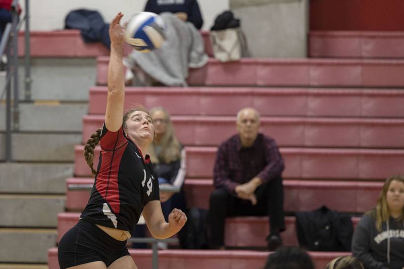 Sauk Valley’s Nicole Boelens hammers a shot Tuesday, Oct. 18, 2022 against Carl Sandburg College.