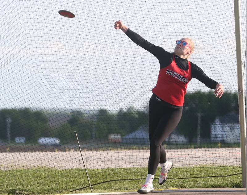 Erie-Prophetstown's Claire Reymer throws discus during the Class 1A Sectional meet on Wednesday, May 8, 2024 at Bureau Valley High School.