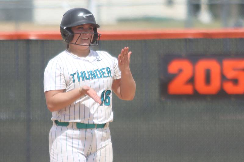 Woodstock North’s Kylee Nicholson pulls into second base with a double against Crystal Lake Central in IHSA Class 3A Regional Title Game softball action on Saturday, May 23, 2026 at Crystal Lake Central High School in Crystal Lake.
