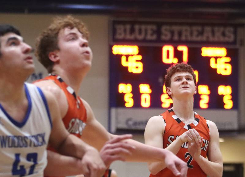 Sandwich’s Griffin Somlock shoots the game-winning free throw during the OT period in varsity boys basketball on Tuesday, Feb. 11, 2025, at  Woodstock High School in Woodstock.
