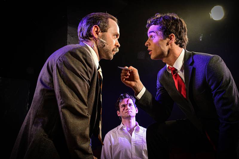 American Psycho 5 (left to right) Ryan Armstrong, John Drea and Kyle Patrick in Kokandy Productions’ Chicago premiere of American Psycho: The Musical. Photo by Evan Hanover.