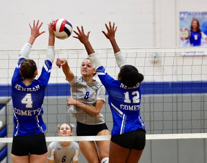 Princeton's Keighley Davis hits against  Newman's Ruby Burger (4) and Gisselle Martin (12)  in Tuesday's Three Rivers match at Prouty Gym. The Tigresses won 2-0.