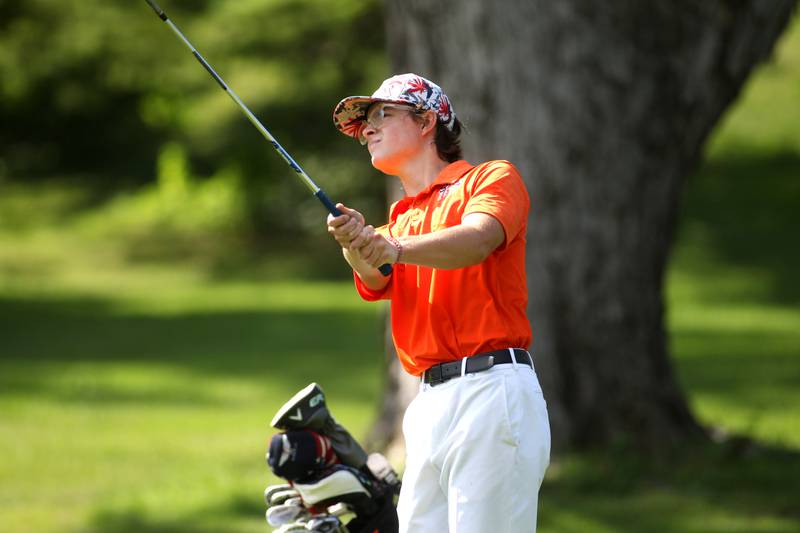 St. Charles East’s Jack Evans hits from the fairway during the DuKane Conference Boys Golf Tournament at Bartlett Hills Golf Club on Tuesday, Sept. 20, 2022.