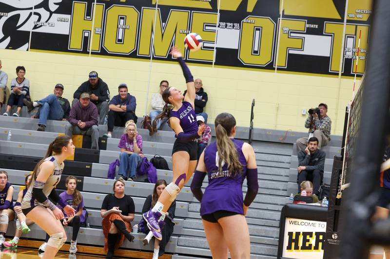 Wilmington's Molly Southall spikes the ball during the Wildcats' loss in three sets, 25-16, 22-25, 17-25, to Pontiac in the IHSA Class 2A Herscher Regional championship on Thursday, Oct. 30, 2025.