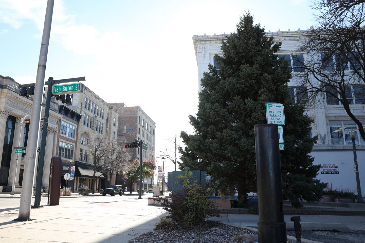 Joliet’s Christmas tree, chosen from a Plainfield resident, is set up at Joliet’s City Center in on Friday.