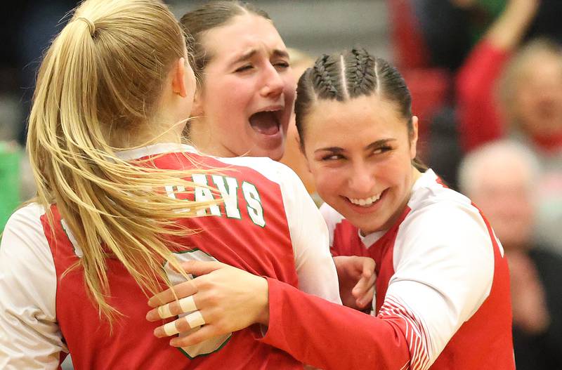 L-P's Drew Depenbrock (center) reacts with teammates Maggie Boudreau and Anna Riva during the Class 3A Sectional final game on Thursday, Nov. 6, 2025 in Sellett Gymnasium at L-P High School.