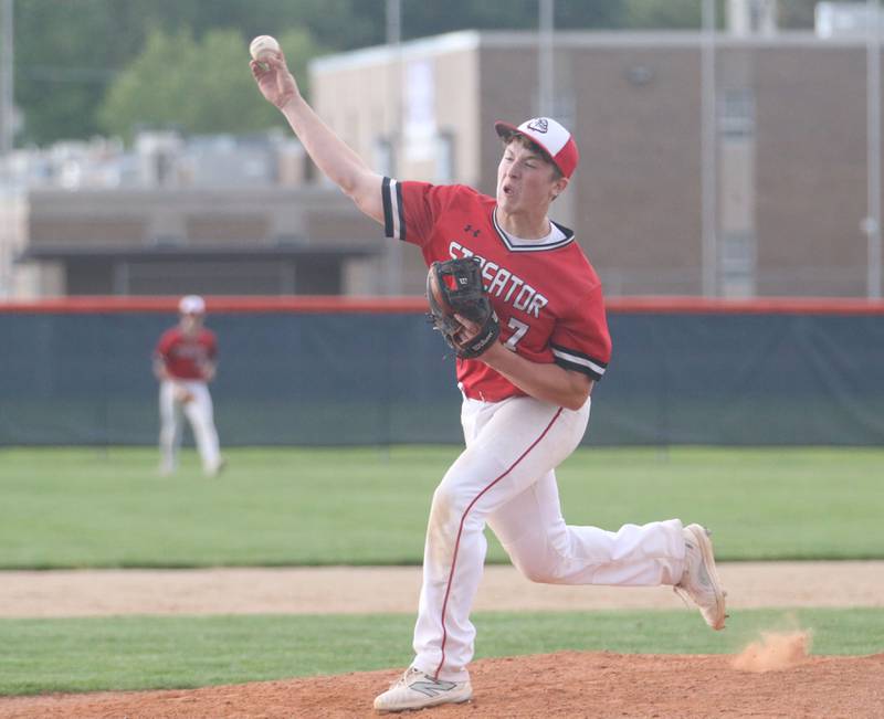 Streator's Isaiah Weibel fires a pitch to Ottawa during the Class 3A Regional semifinal game on Thursday, May 29, 2025 at Pontiac High School.