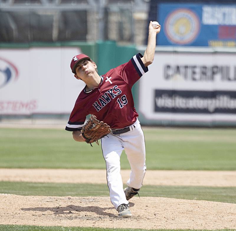 Gibrault’s Brady Biffar fires a pitch against Henry-Senachwine Saturday, June 3, 2023 during the IHSA class 1A championship baseball game.