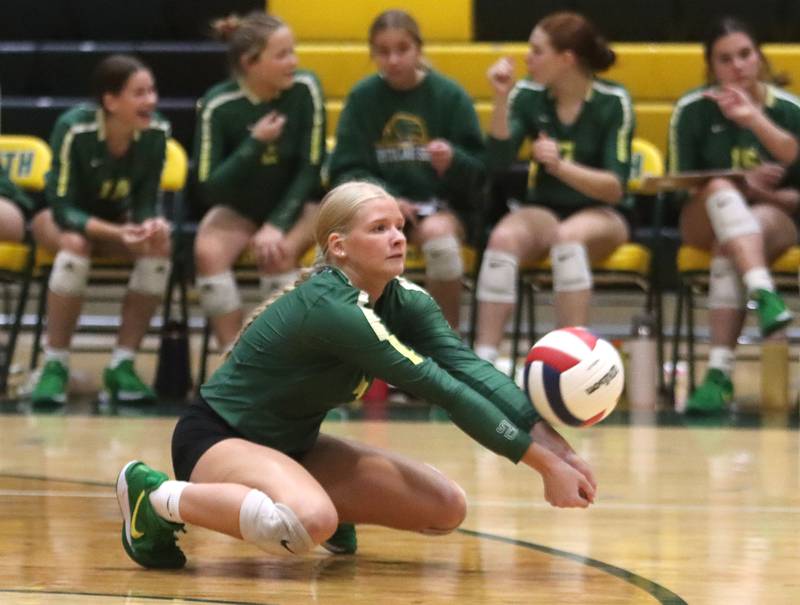 Crystal Lake South’s Maddy Cook returns the ball against Crystal Lake Central in varsity volleyball at Crystal Lake South High School in Crystal Lake on Tuesday, Oct. 7, 2025.
