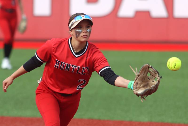 Huntley’s Sadie Svendsen scoops the ball to first for an out against DeKalb in IHSA Class 4A Sectional Semifinal softball action at Barrington High School in Barrington on Wednesday, June 4, 2025.